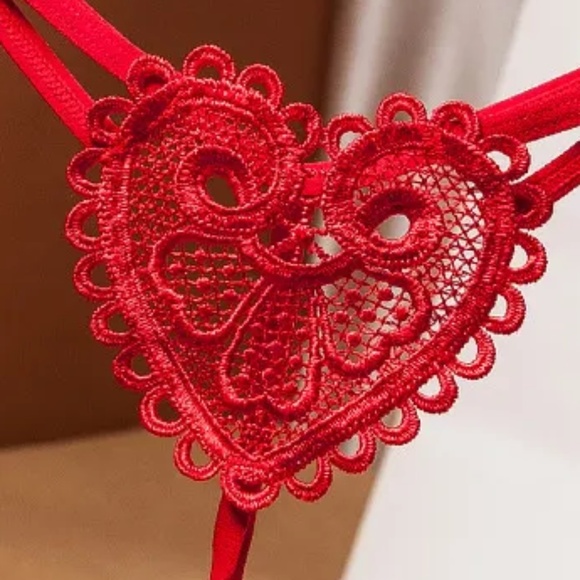 3/$15 One Size Red Lace Heart Thong with Pearls Panties Sexy Underwear Stretch - Picture 6 of 7
